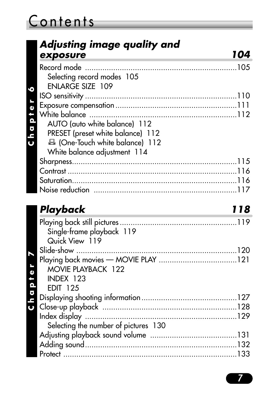 7adjusting image quality and exposure 104, Playback 118 | Olympus C-40Zoom User Manual | Page 7 / 203