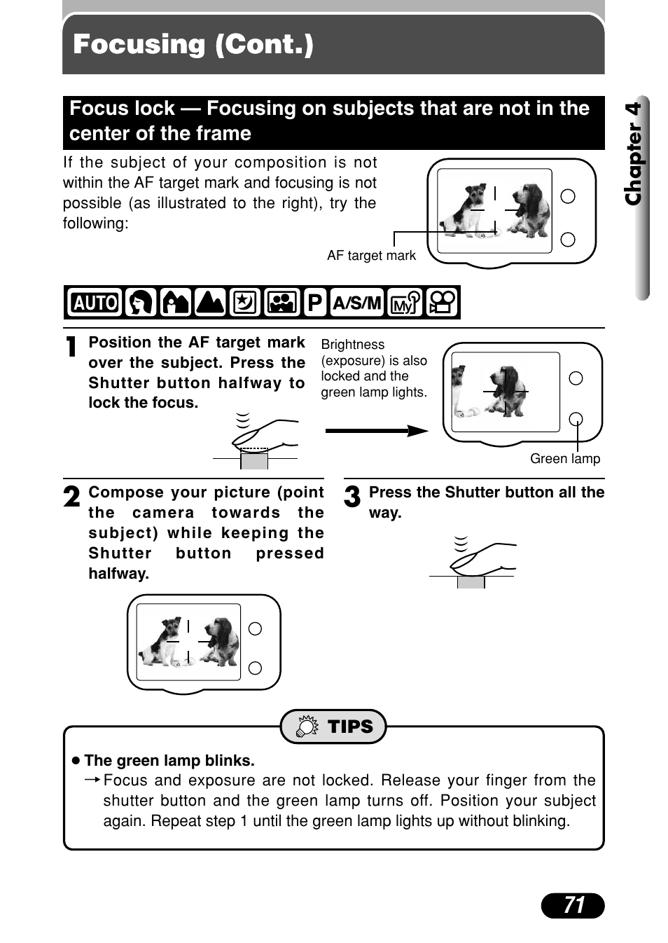 Focus lock, Focusing (cont.) | Olympus C-40Zoom User Manual | Page 71 / 203