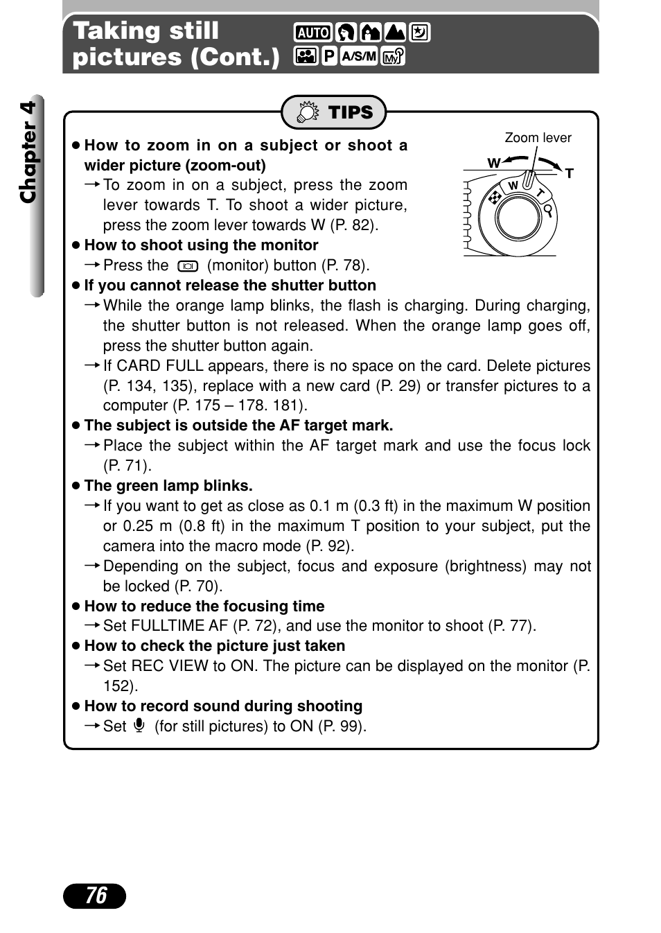 Taking still pictures (cont.), Chapter 4 | Olympus C-40Zoom User Manual | Page 76 / 203