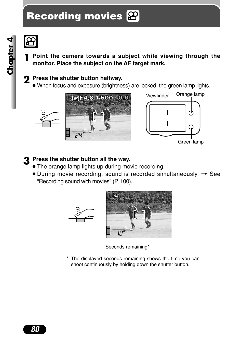 Recording movies, Recording movies 1 | Olympus C-40Zoom User Manual | Page 80 / 203