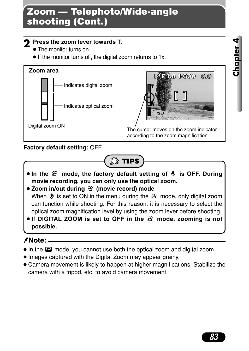 Zoom — telephoto/wide-angle shooting (cont.), Chapter 4 | Olympus C-40Zoom User Manual | Page 83 / 203