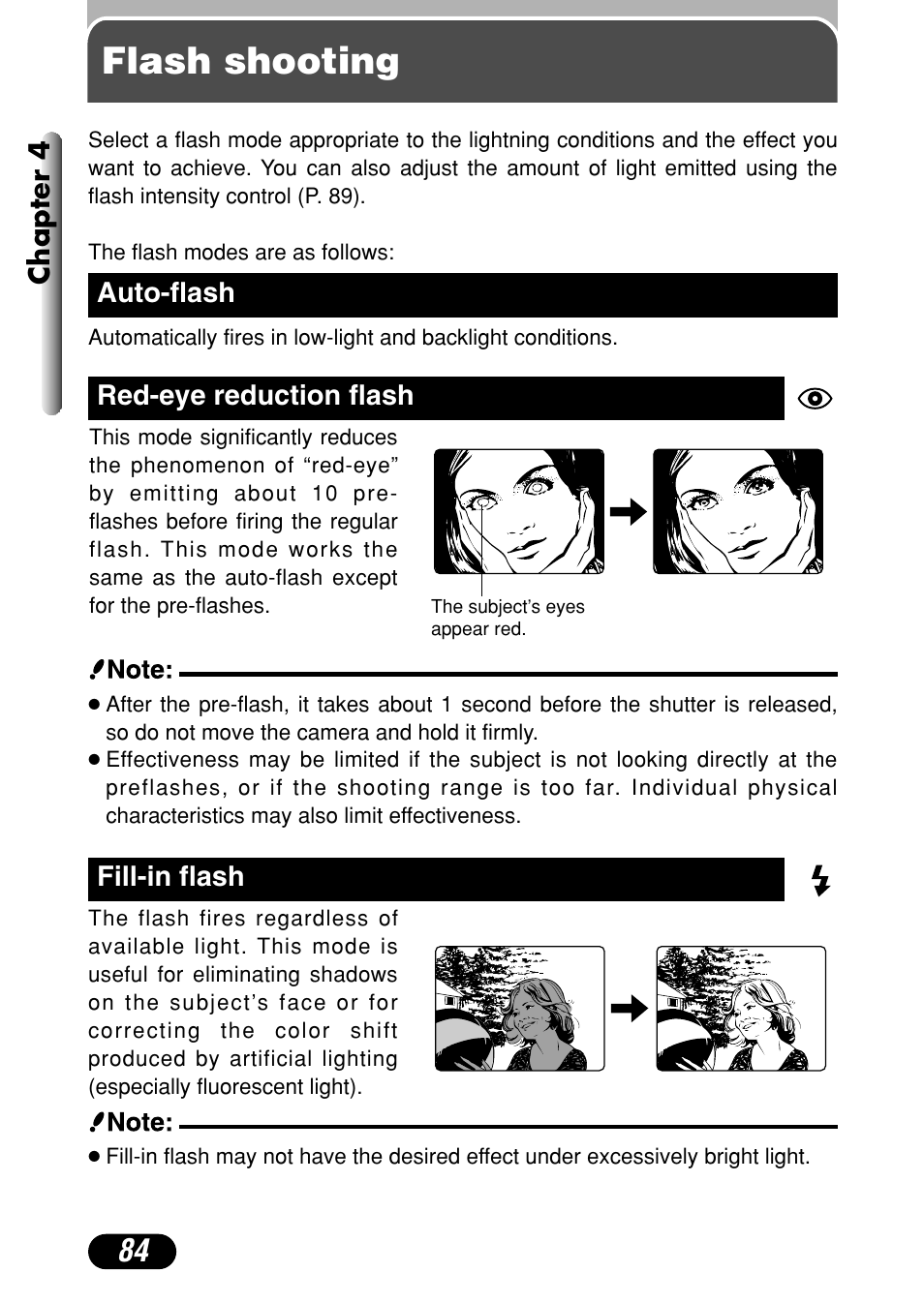 Flash shooting, Auto-flash 84 red-eye reduction flash, Fill-in flash | Olympus C-40Zoom User Manual | Page 84 / 203