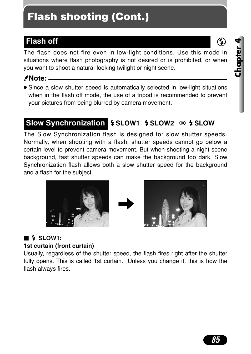 Flash off, Slow synchronization, Slow1 | Slow2, Slow, Flash shooting (cont.) | Olympus C-40Zoom User Manual | Page 85 / 203