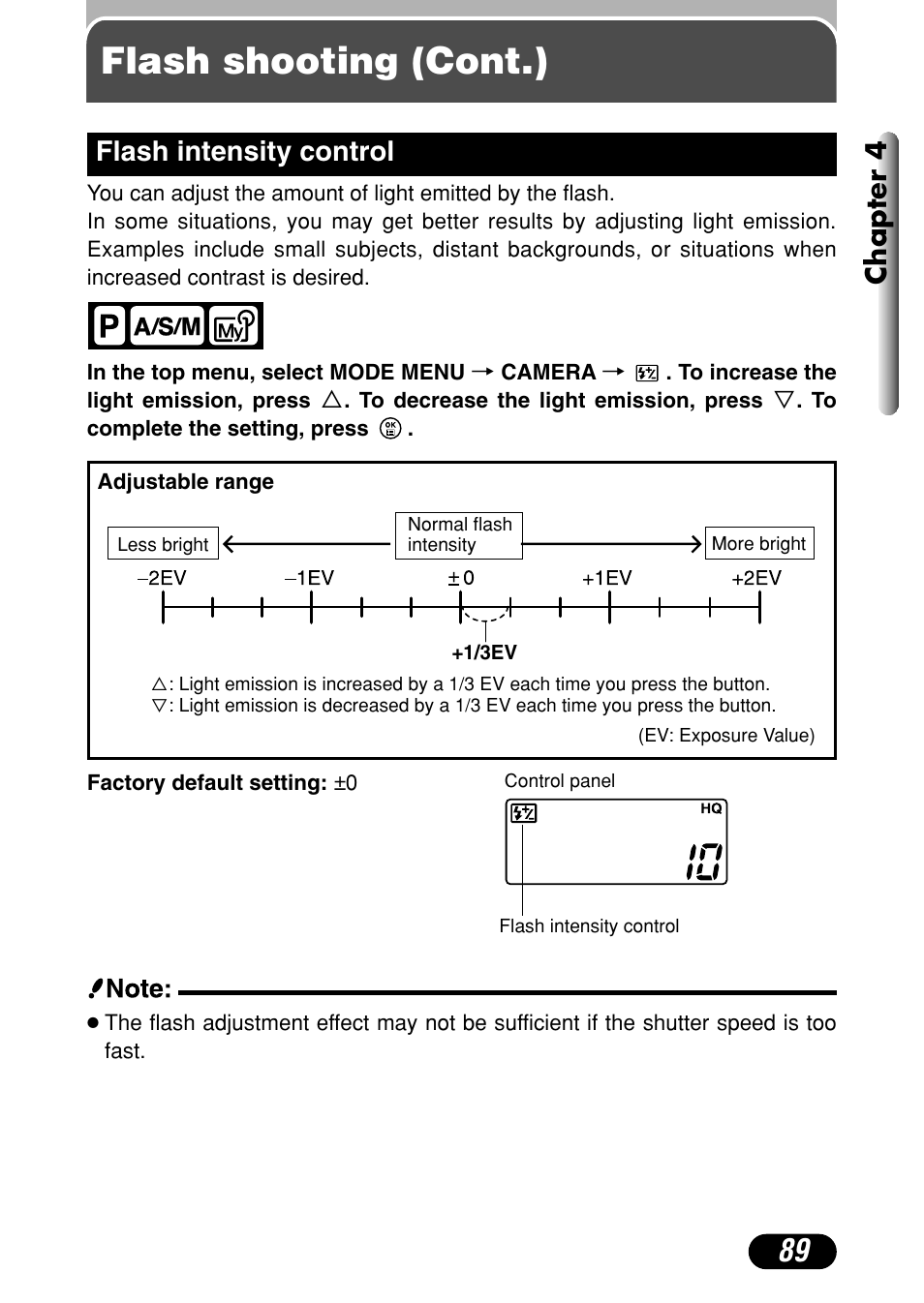 Flash intensity control 89, Flash shooting (cont.), Chapter 4 | Flash intensity control | Olympus C-40Zoom User Manual | Page 89 / 203