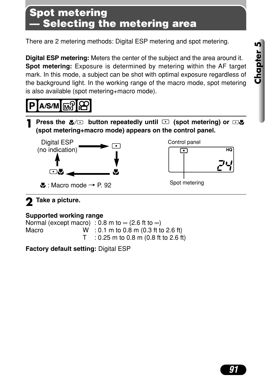 Spot metering — selecting the metering area, Chapter 5 | Olympus C-40Zoom User Manual | Page 91 / 203