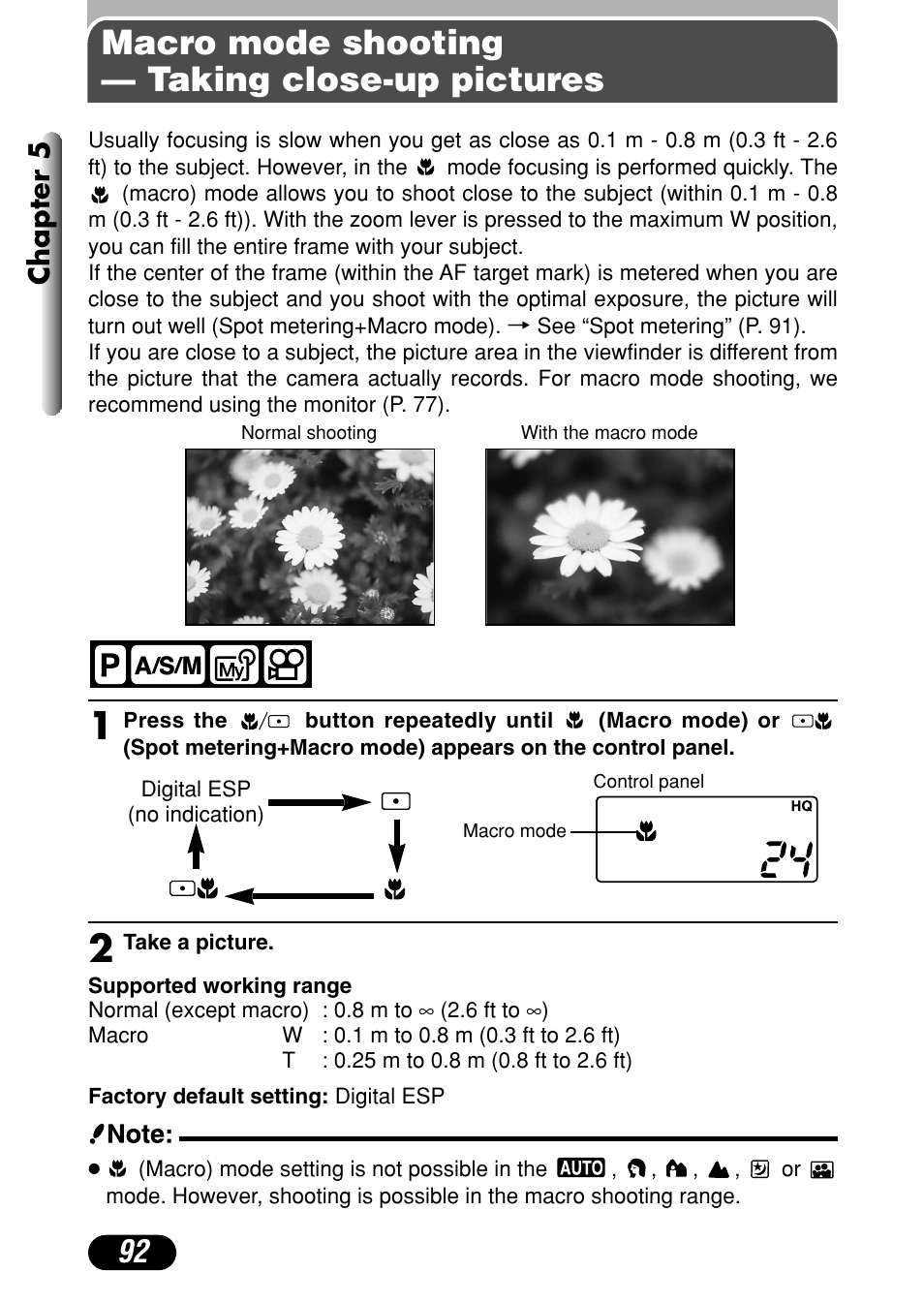 Macro mode shooting — taking close-up pictures, Macro mode setting — taking close-up pictures, Chapter 5 | Olympus C-40Zoom User Manual | Page 92 / 203