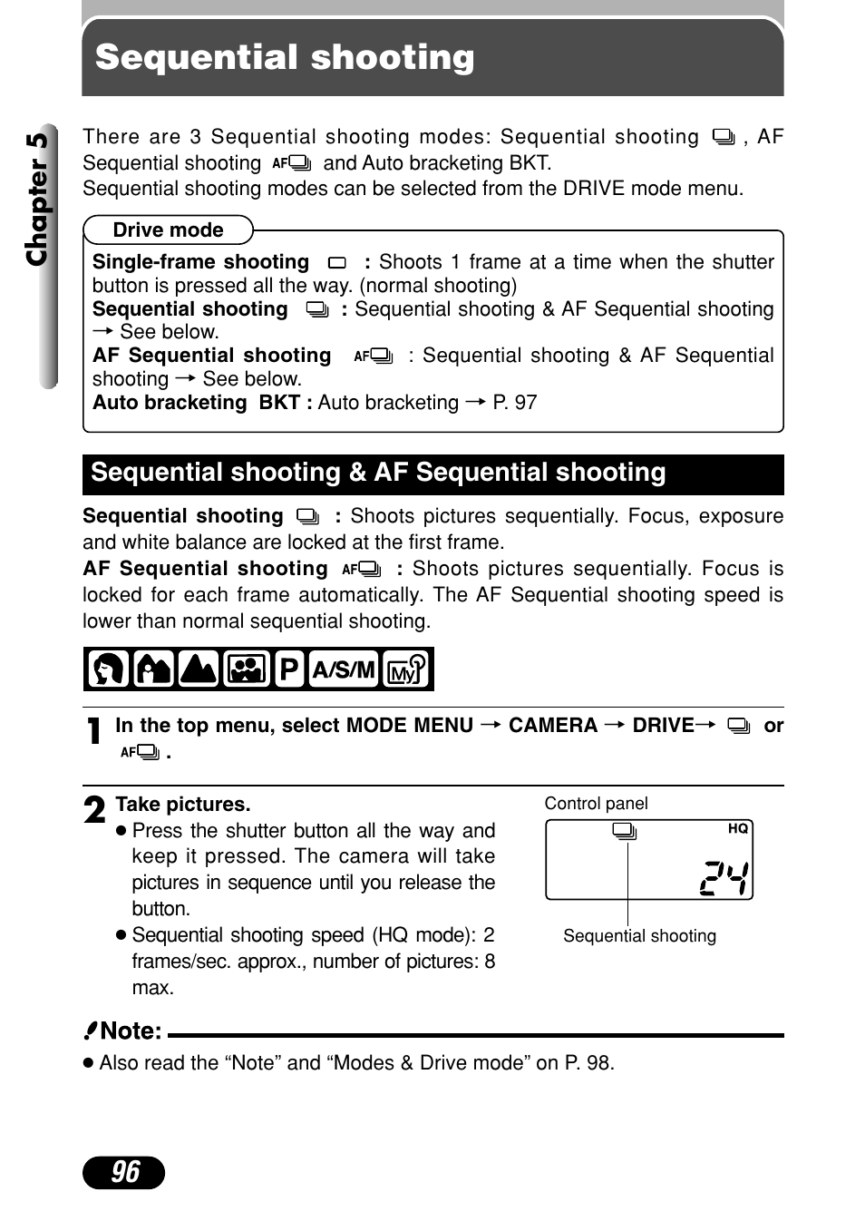 Sequential shooting, Sequential shooting & af sequential shooting 96, Chapter 5 | Sequential shooting & af sequential shooting | Olympus C-40Zoom User Manual | Page 96 / 203