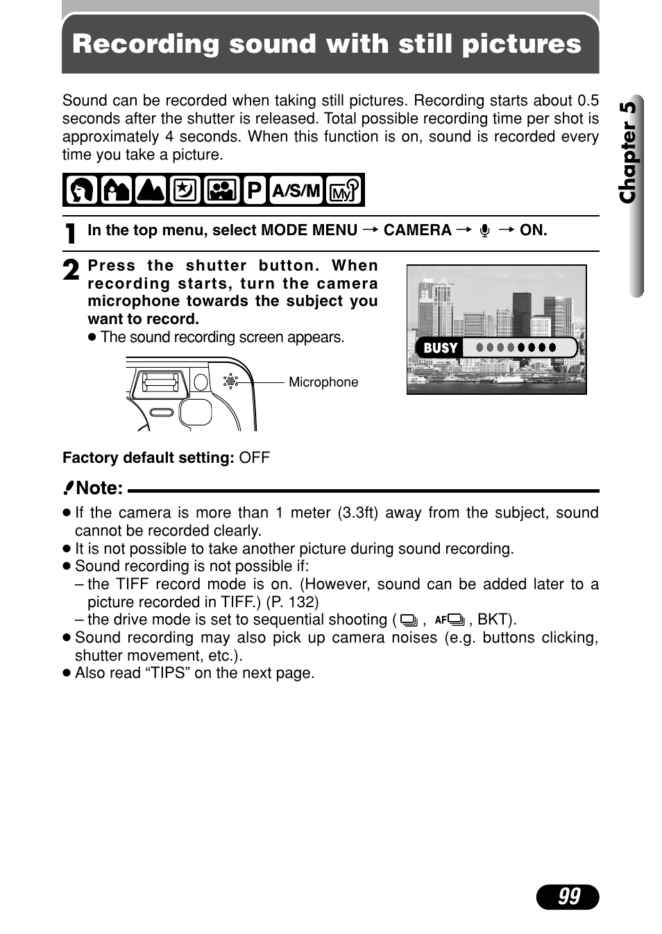 Recording sound with still pictures, Chapter 5 | Olympus C-40Zoom User Manual | Page 99 / 203