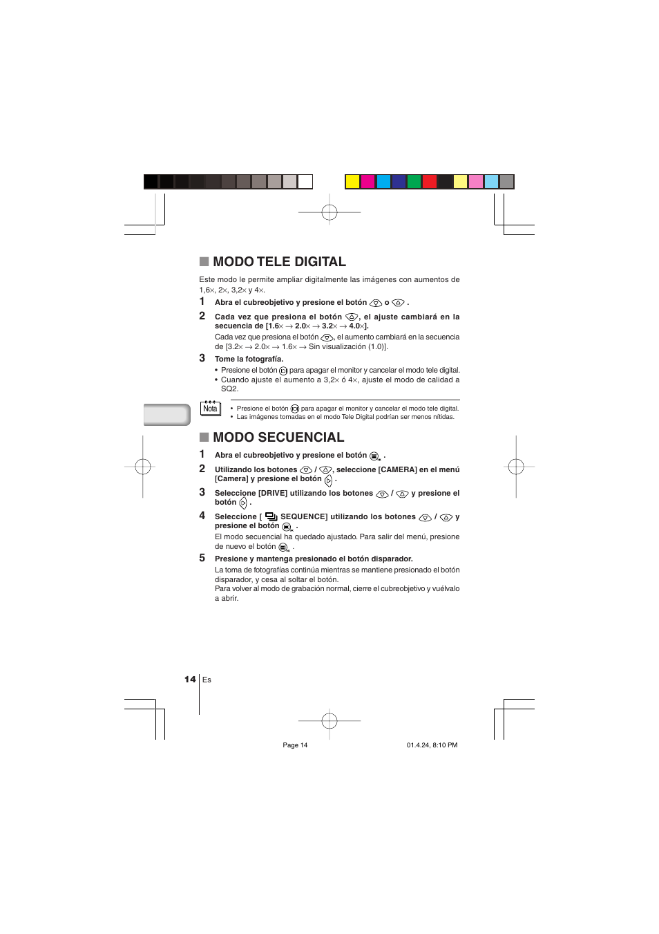 Modo tele digital, Modo secuencial | Olympus C-100 User Manual | Page 104 / 152