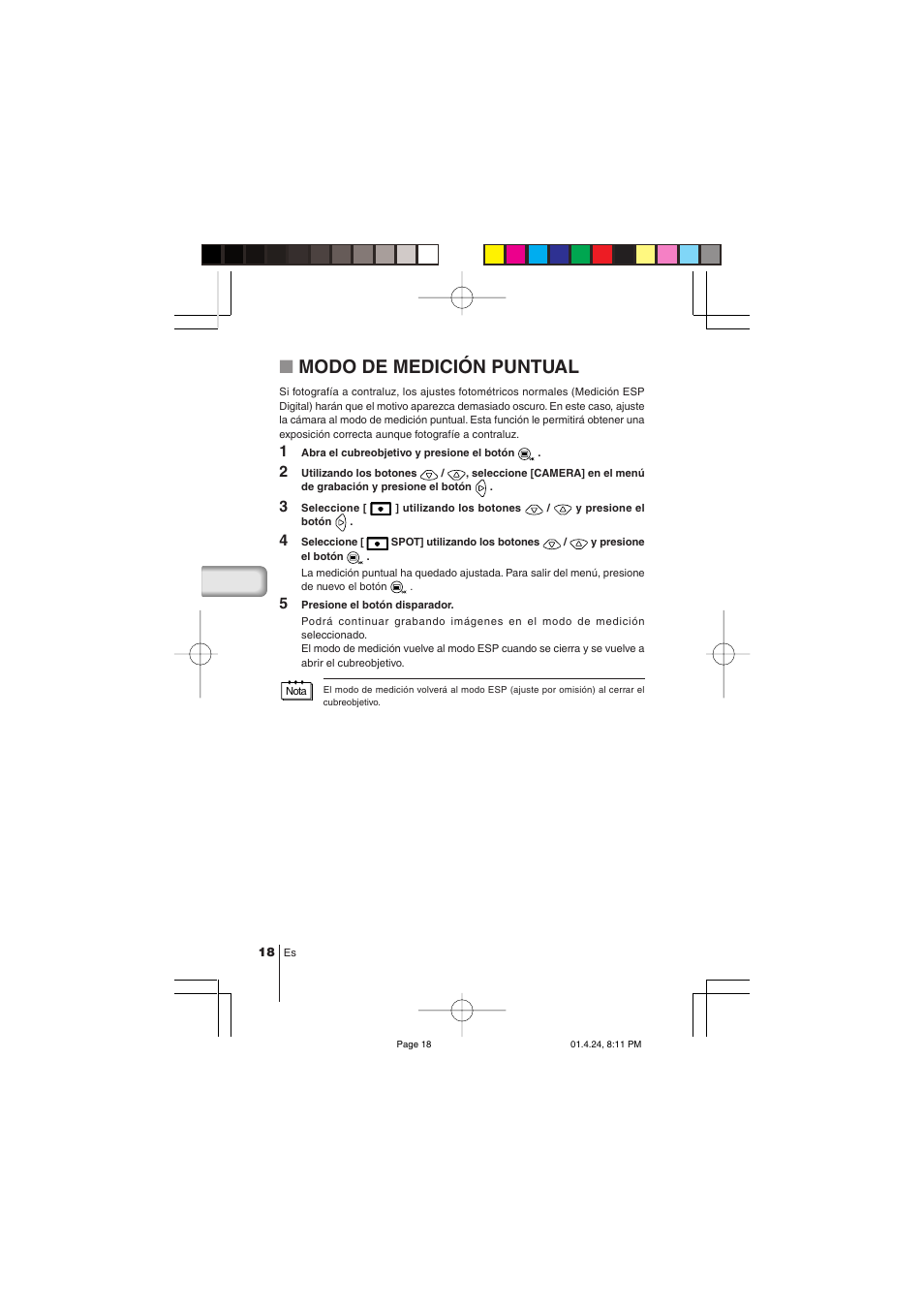 Modo de medición puntual | Olympus C-100 User Manual | Page 108 / 152