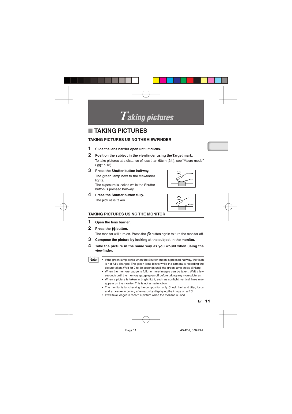 Aking pictures, Taking pictures | Olympus C-100 User Manual | Page 11 / 152