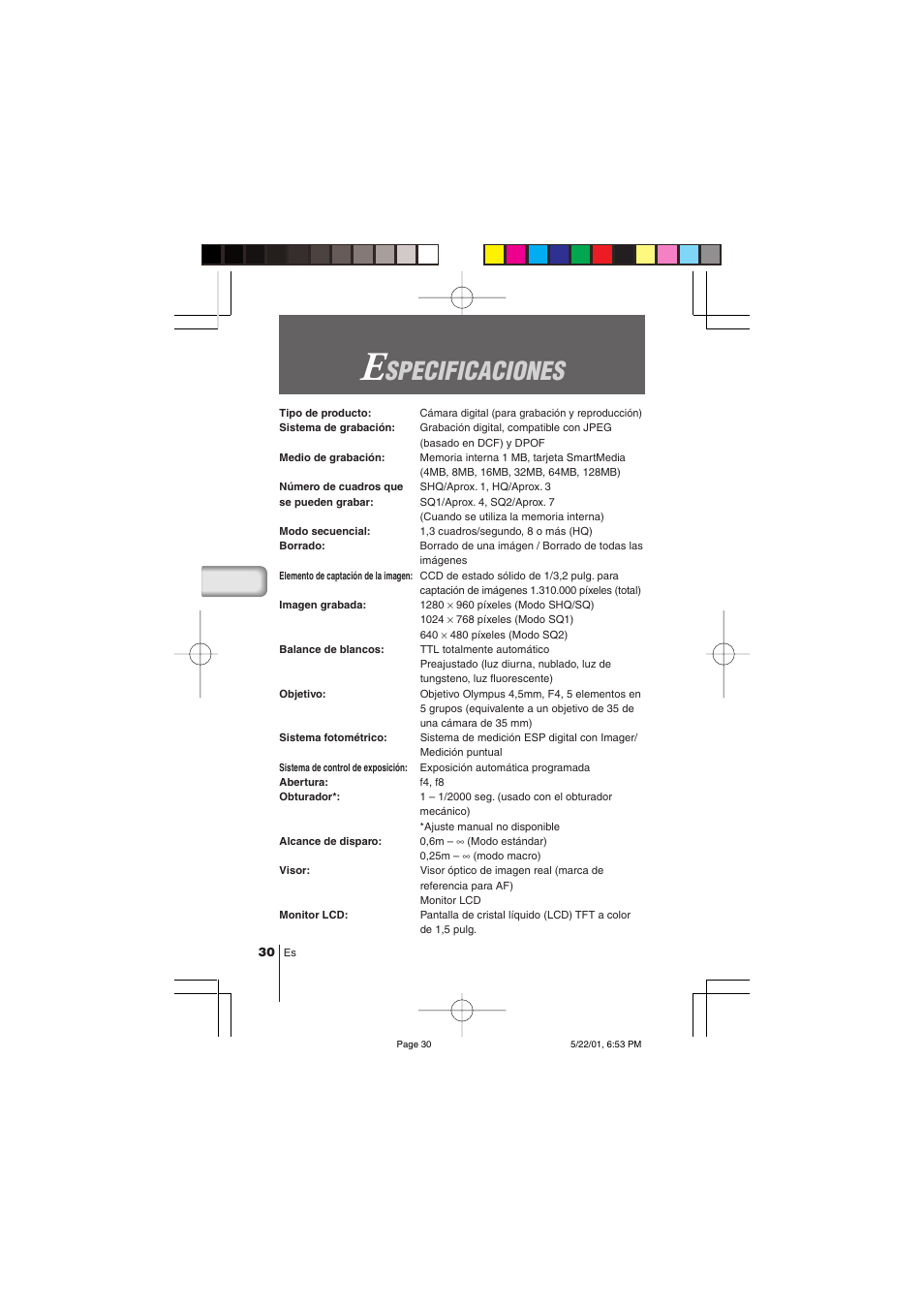 Specificaciones | Olympus C-100 User Manual | Page 120 / 152