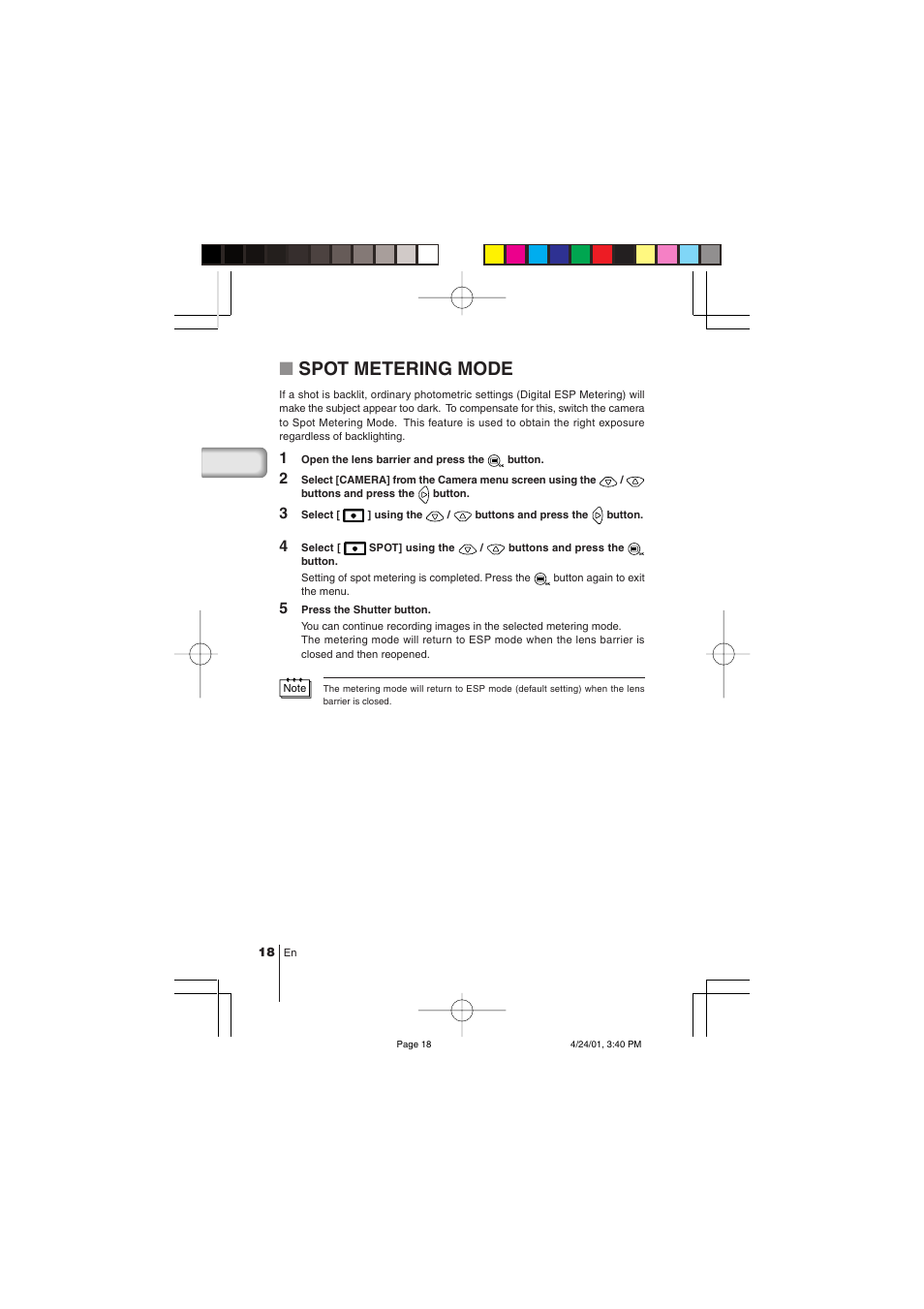 Spot metering mode | Olympus C-100 User Manual | Page 18 / 152