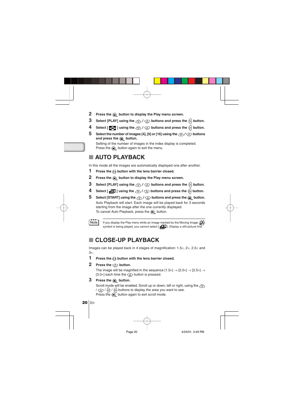 Auto playback, Close-up playback | Olympus C-100 User Manual | Page 20 / 152