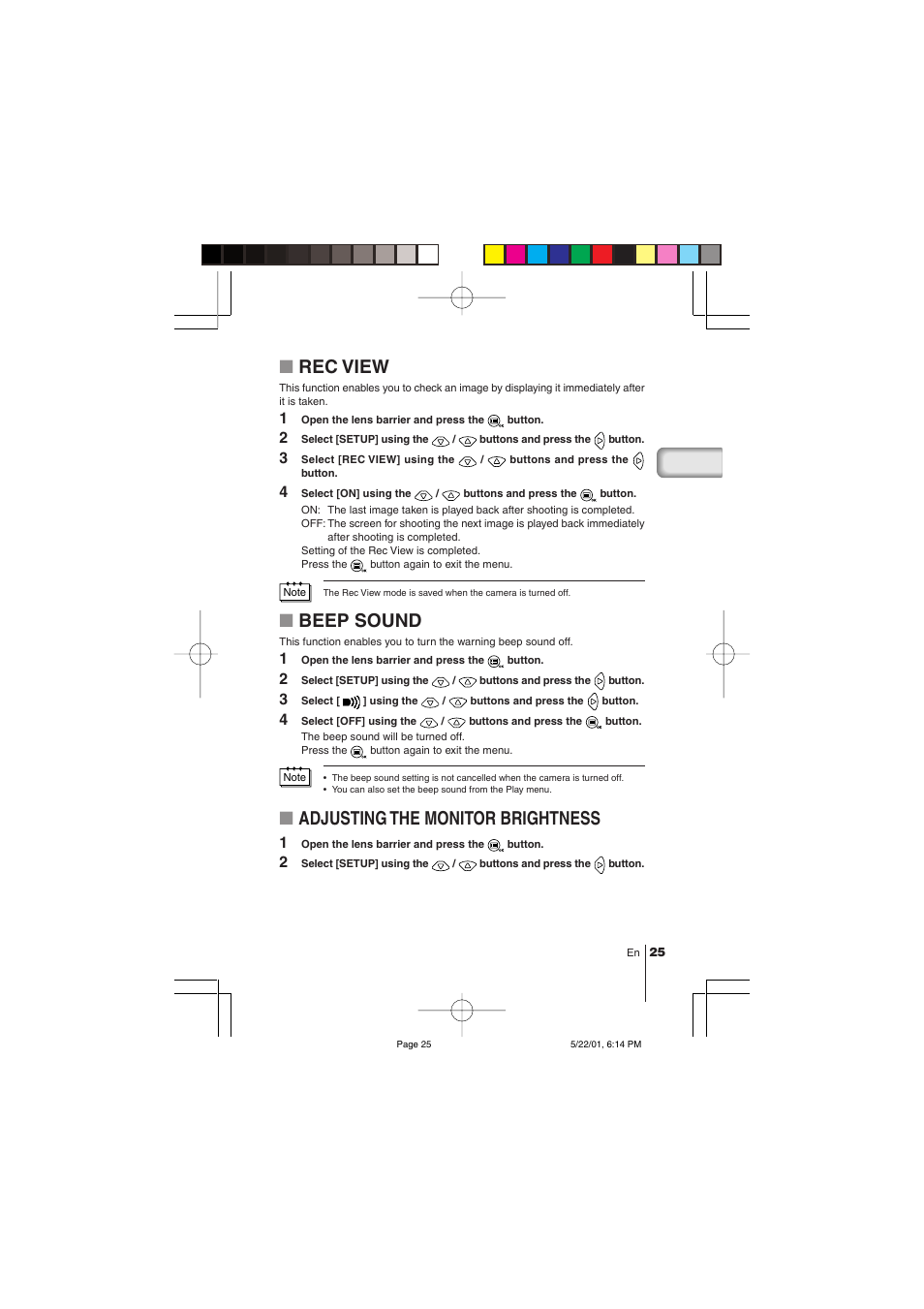 Rec view, Beep sound, Adjusting the monitor brightness | Olympus C-100 User Manual | Page 25 / 152