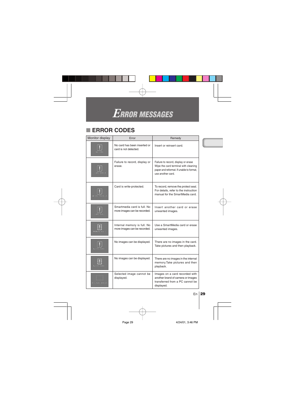 Rror messages, Error codes | Olympus C-100 User Manual | Page 29 / 152