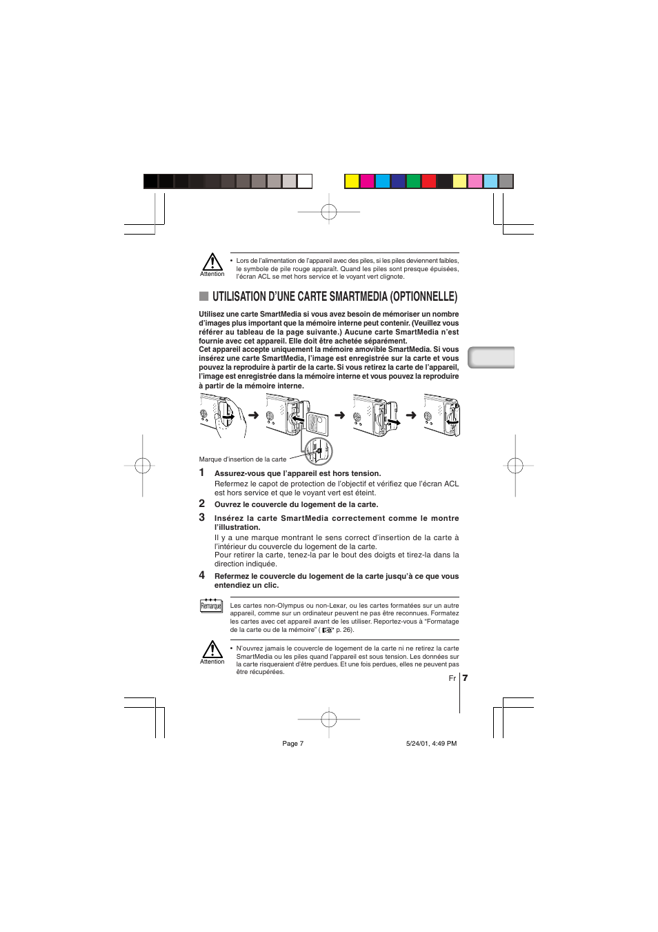 Utilisation d’une carte smartmedia (optionnelle) | Olympus C-100 User Manual | Page 37 / 152