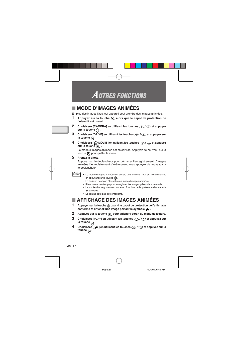 Utres fonctions, Mode d’images animées, Affichage des images animées | Olympus C-100 User Manual | Page 54 / 152