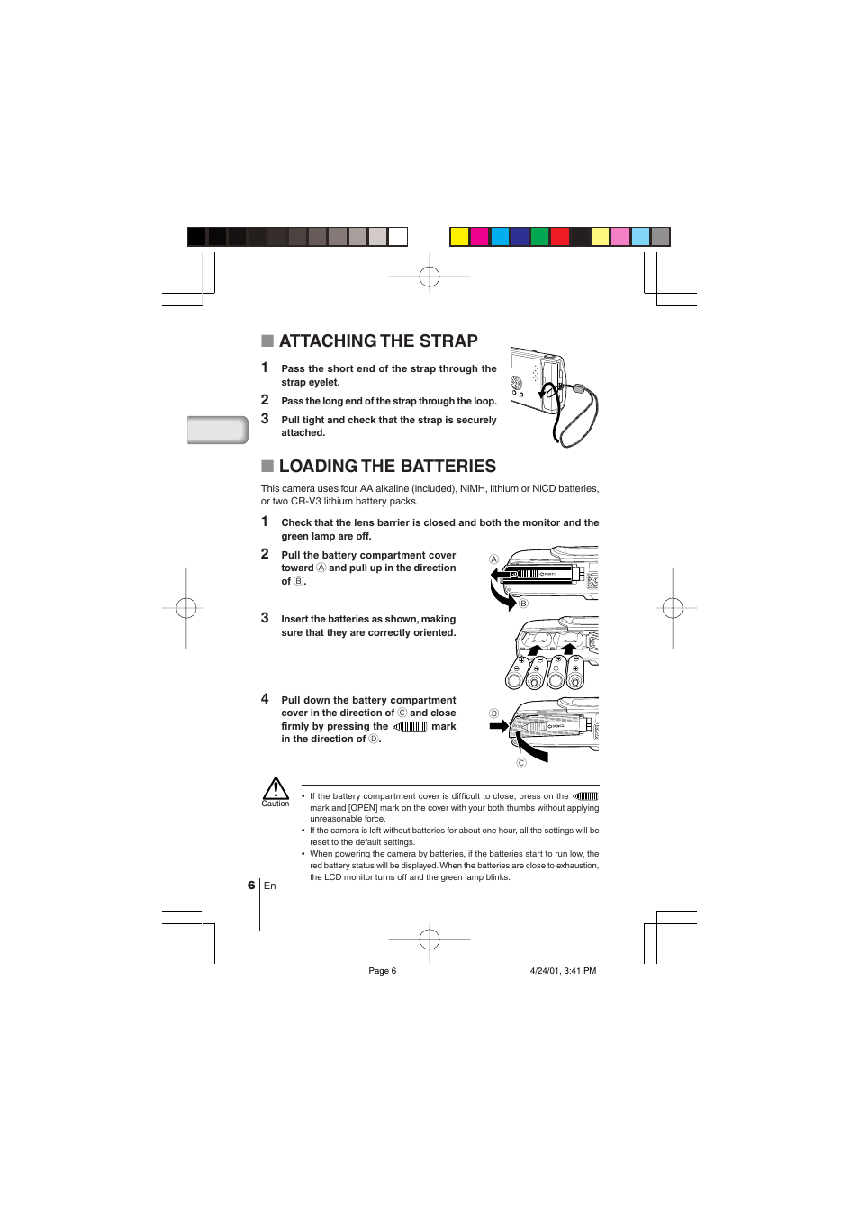 Attaching the strap, Loading the batteries | Olympus C-100 User Manual | Page 6 / 152