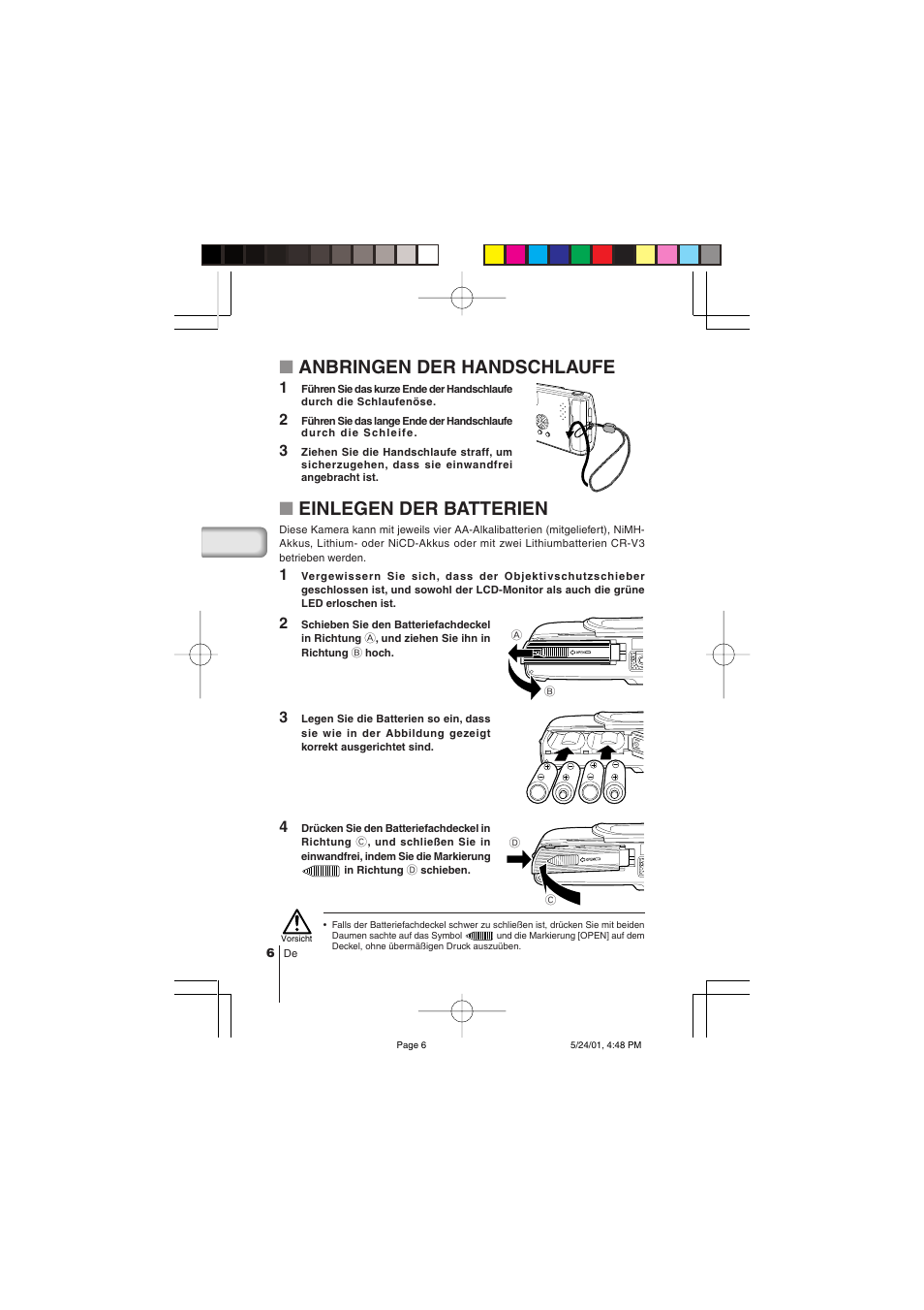 Anbringen der handschlaufe, Einlegen der batterien | Olympus C-100 User Manual | Page 66 / 152