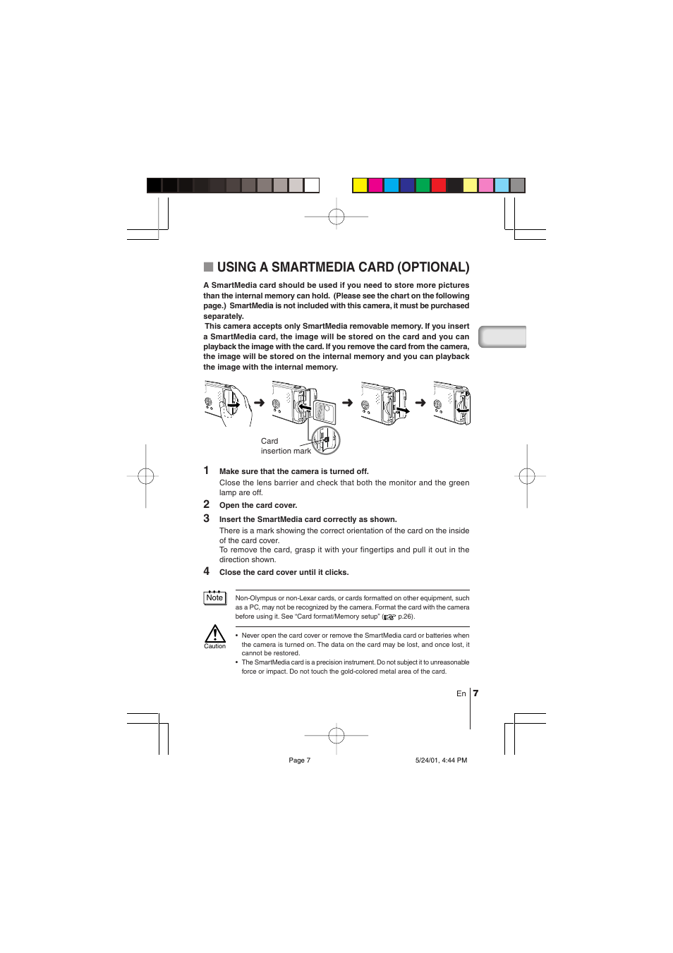 Using a smartmedia card (optional) | Olympus C-100 User Manual | Page 7 / 152