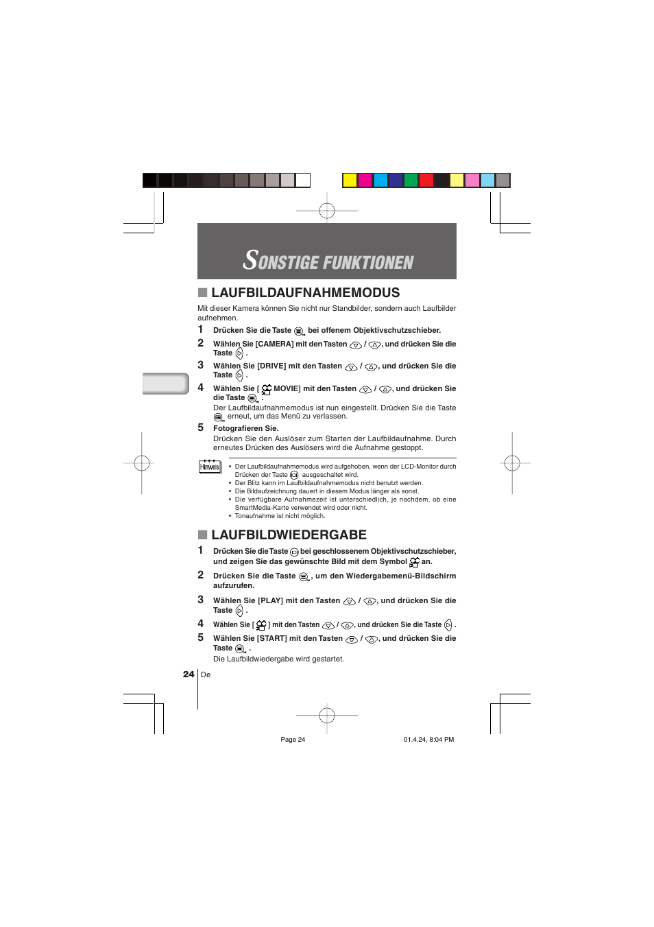 Onstige funktionen, Laufbildwiedergabe | Olympus C-100 User Manual | Page 84 / 152