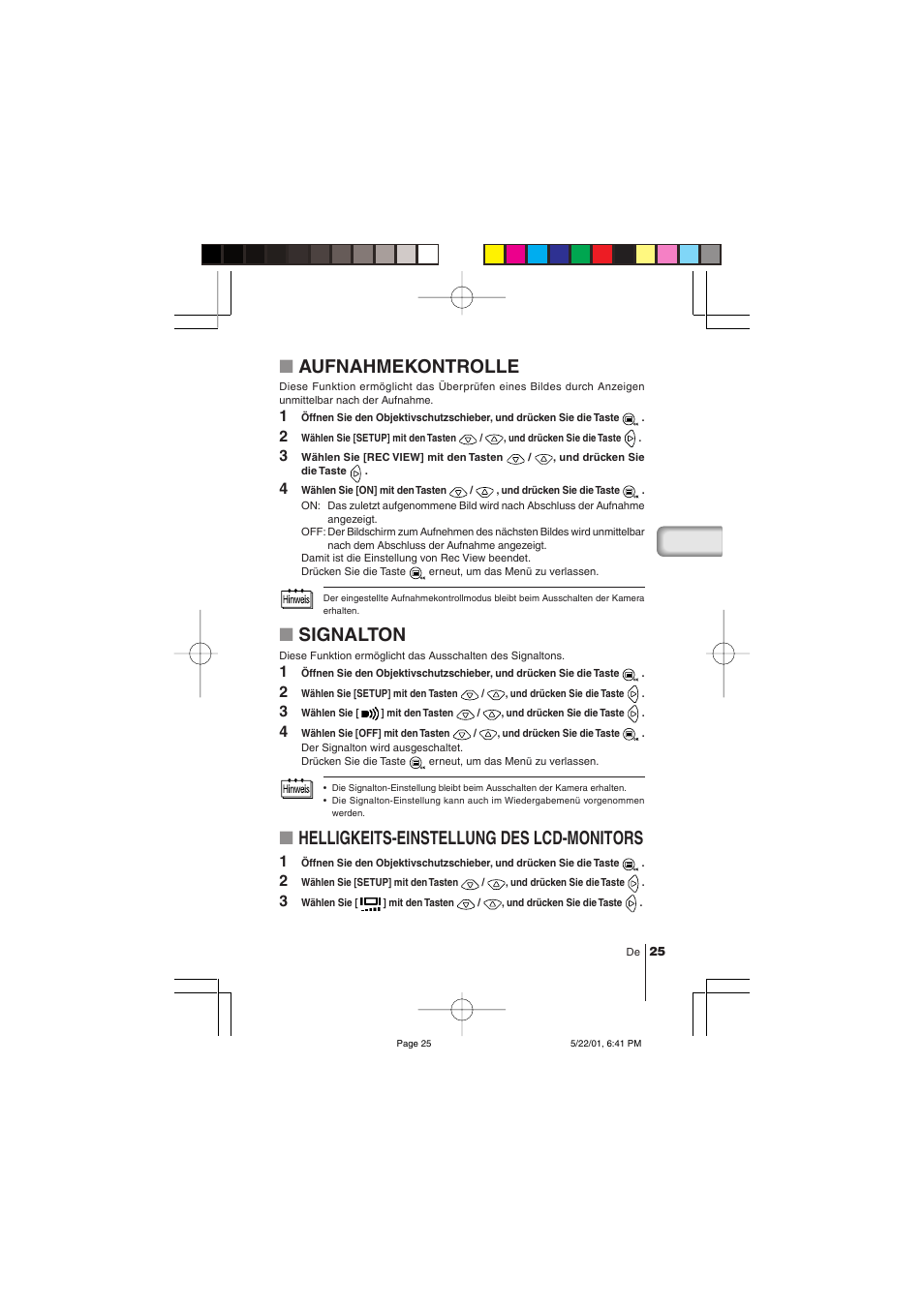 Aufnahmekontrolle, Signalton, Helligkeits-einstellung des lcd-monitors | Olympus C-100 User Manual | Page 85 / 152