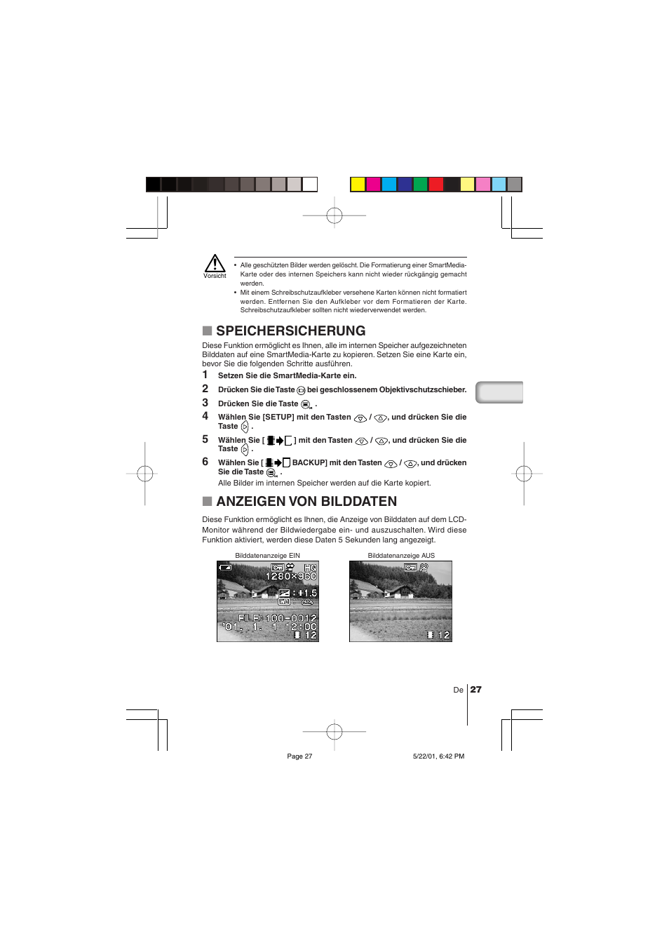 Speichersicherung, Anzeigen von bilddaten | Olympus C-100 User Manual | Page 87 / 152