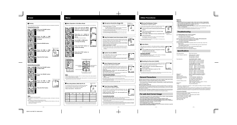 Troubleshooting, Specifications, General precautions | For safe and correct usage, Erase, Other functions, Menu | Olympus VN-3100    EN User Manual | Page 2 / 2