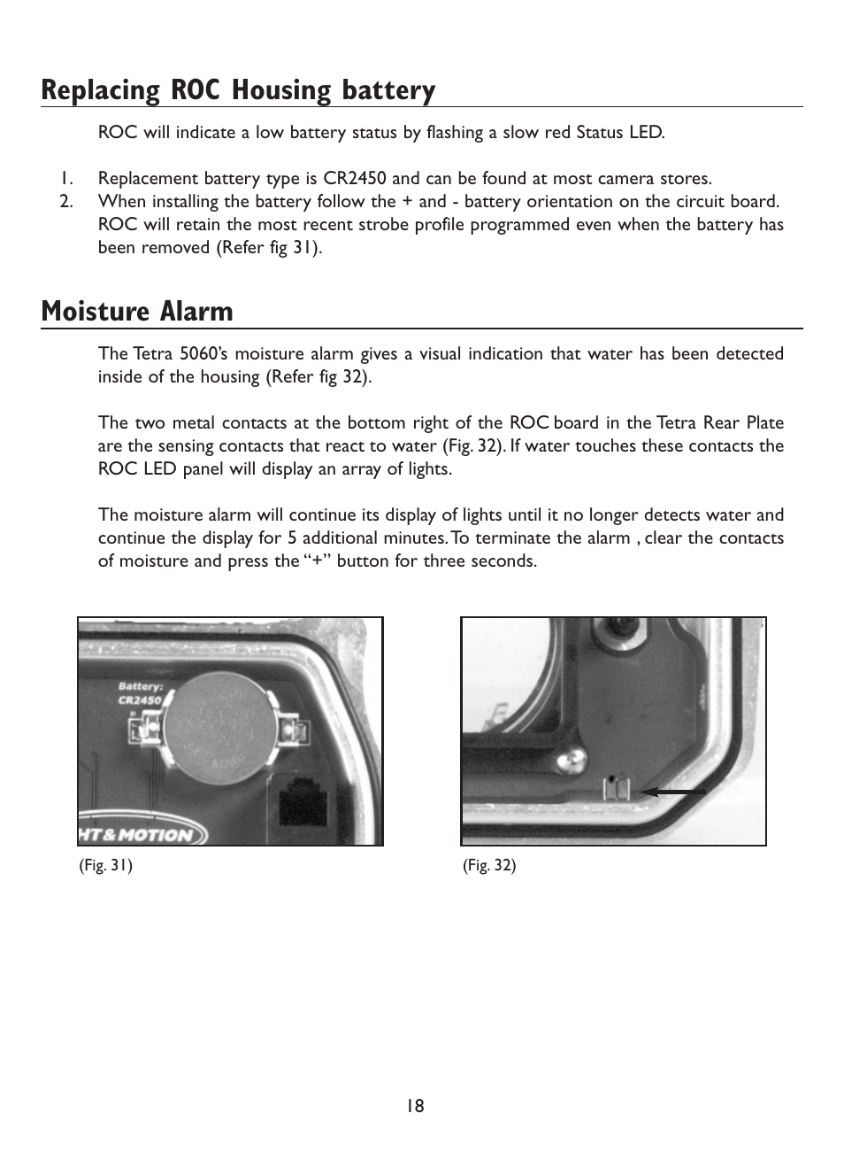 Replacing roc housing battery, Moisture alarm | Olympus 5060 User Manual | Page 17 / 26