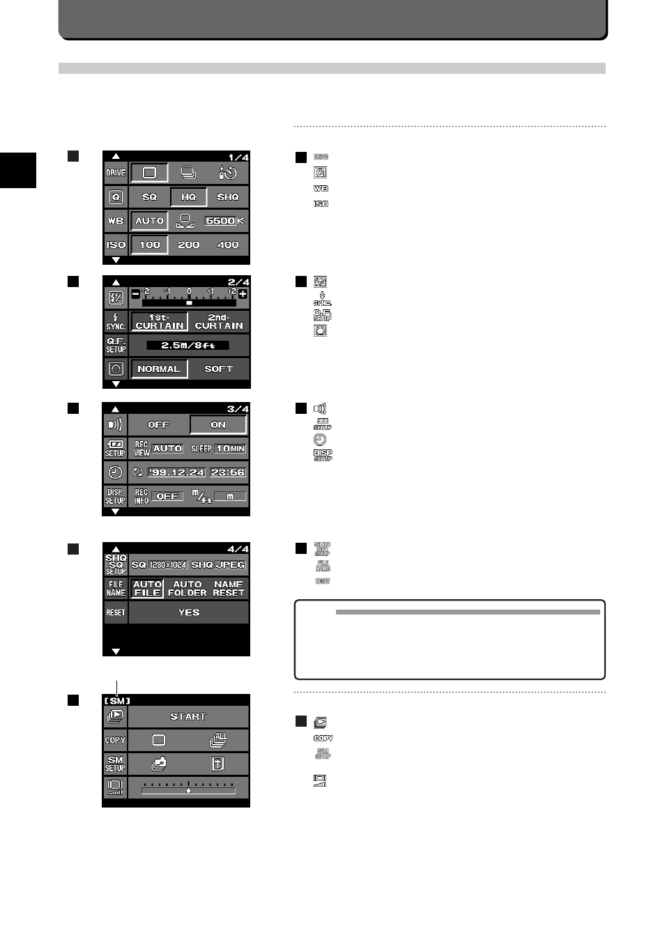 E-36, Types of menu, Menus in the p mode, a mode and m mode | Menus in the playback mode | Olympus C-2500L User Manual | Page 42 / 95