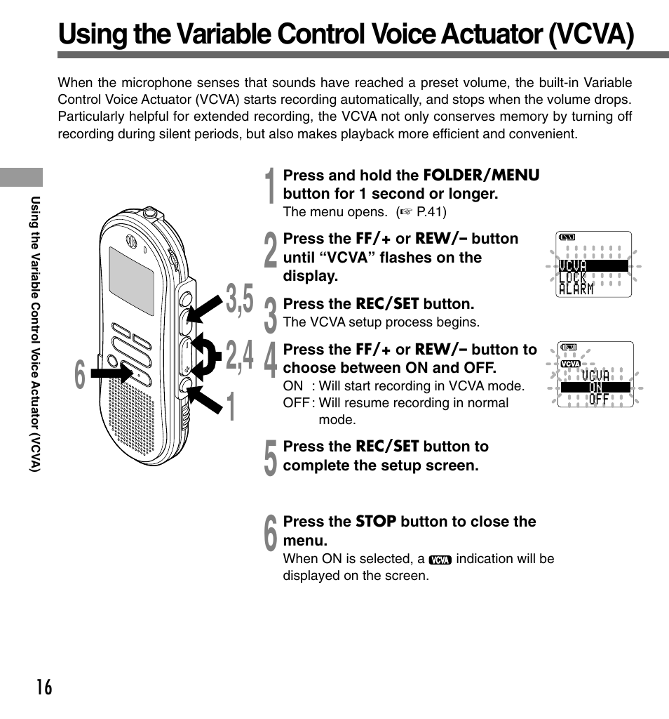 Using the variable control voice actuator (vcva) | Olympus DS-330 User Manual | Page 16 / 76