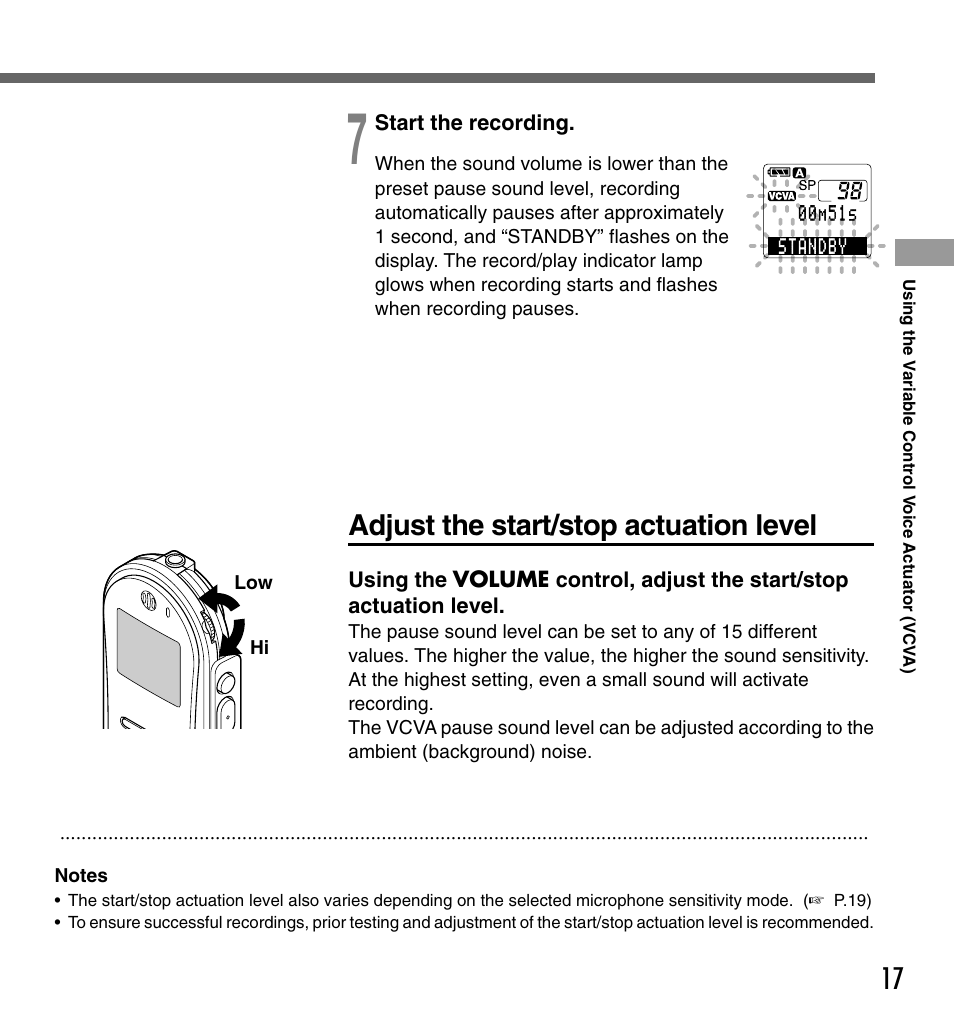 Adjust the start/stop actuation level | Olympus DS-330 User Manual | Page 17 / 76