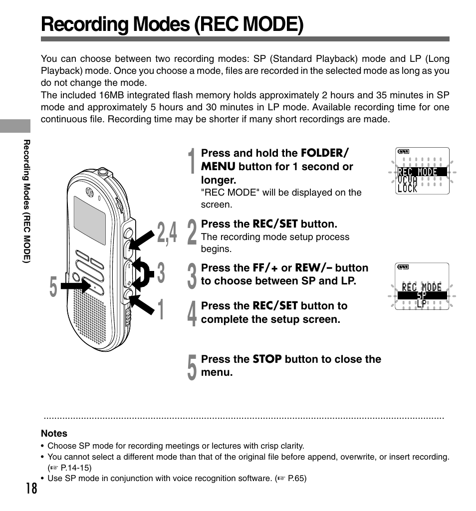 Recording modes (rec mode) | Olympus DS-330 User Manual | Page 18 / 76
