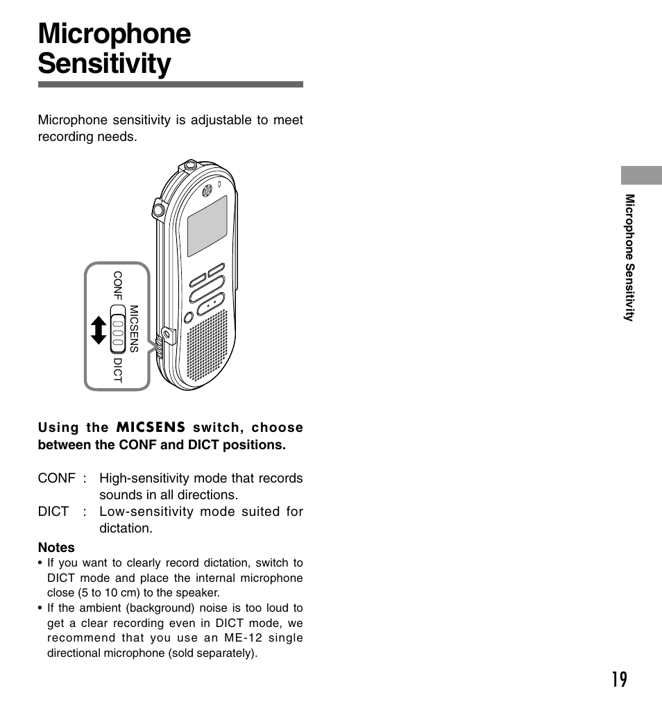 Microphone sensitivity | Olympus DS-330 User Manual | Page 19 / 76