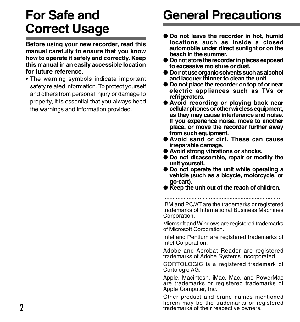 General precautions, For safe and correct usage | Olympus DS-330 User Manual | Page 2 / 76