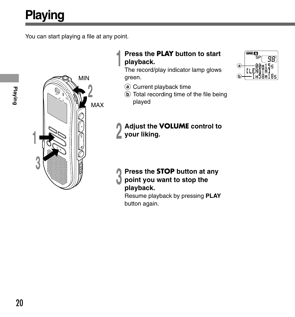 Playing | Olympus DS-330 User Manual | Page 20 / 76