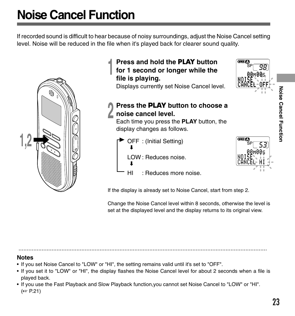 Noise cancel function | Olympus DS-330 User Manual | Page 23 / 76