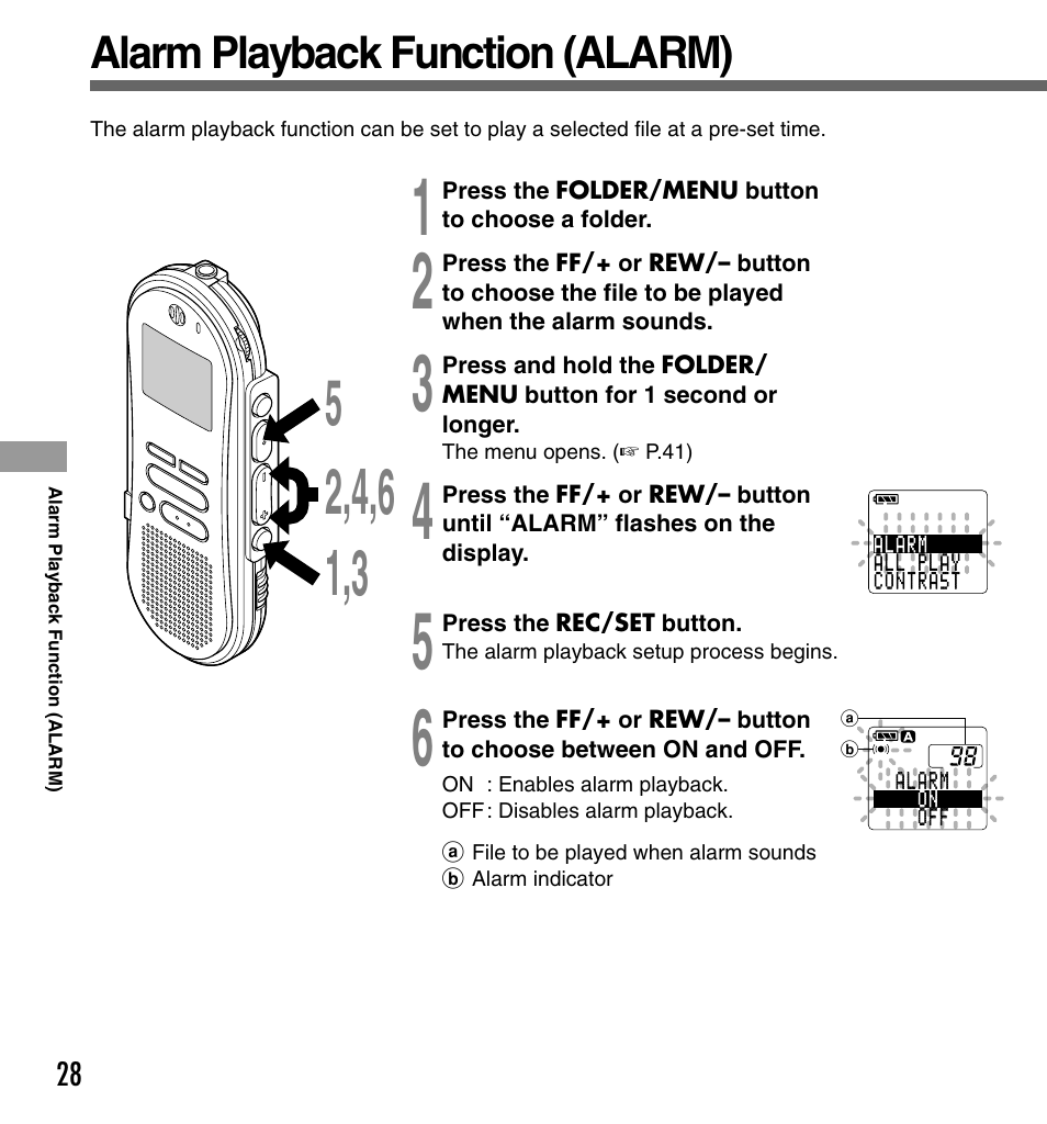 Alarm playback function (alarm) | Olympus DS-330 User Manual | Page 28 / 76