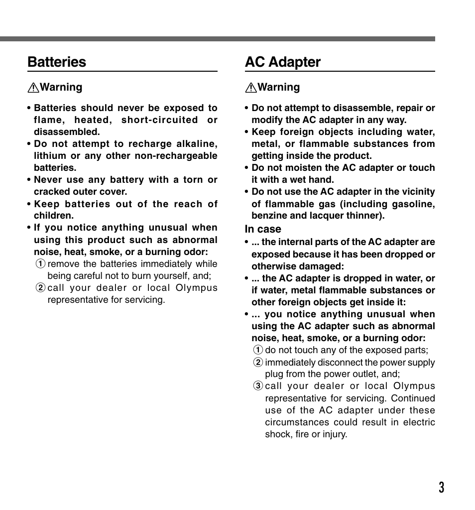 3ac adapter, Batteries | Olympus DS-330 User Manual | Page 3 / 76