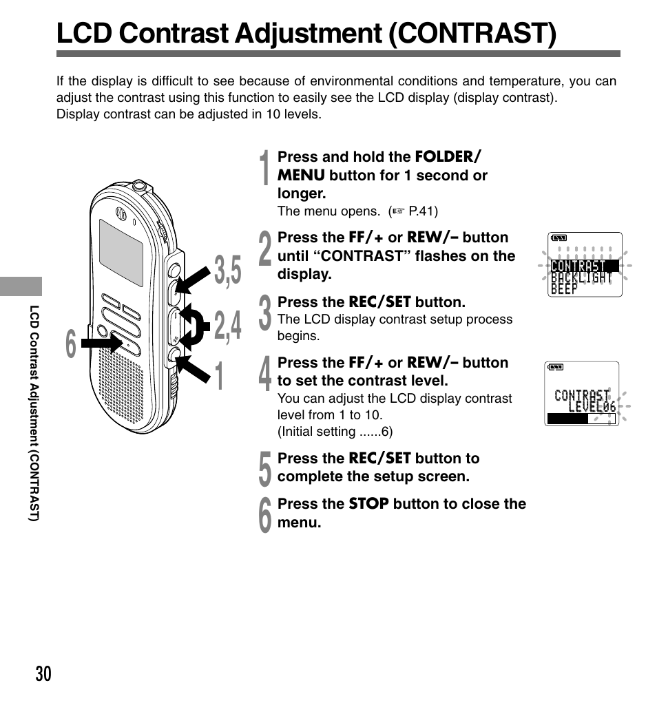 Lcd contrast adjustment (contrast) | Olympus DS-330 User Manual | Page 30 / 76