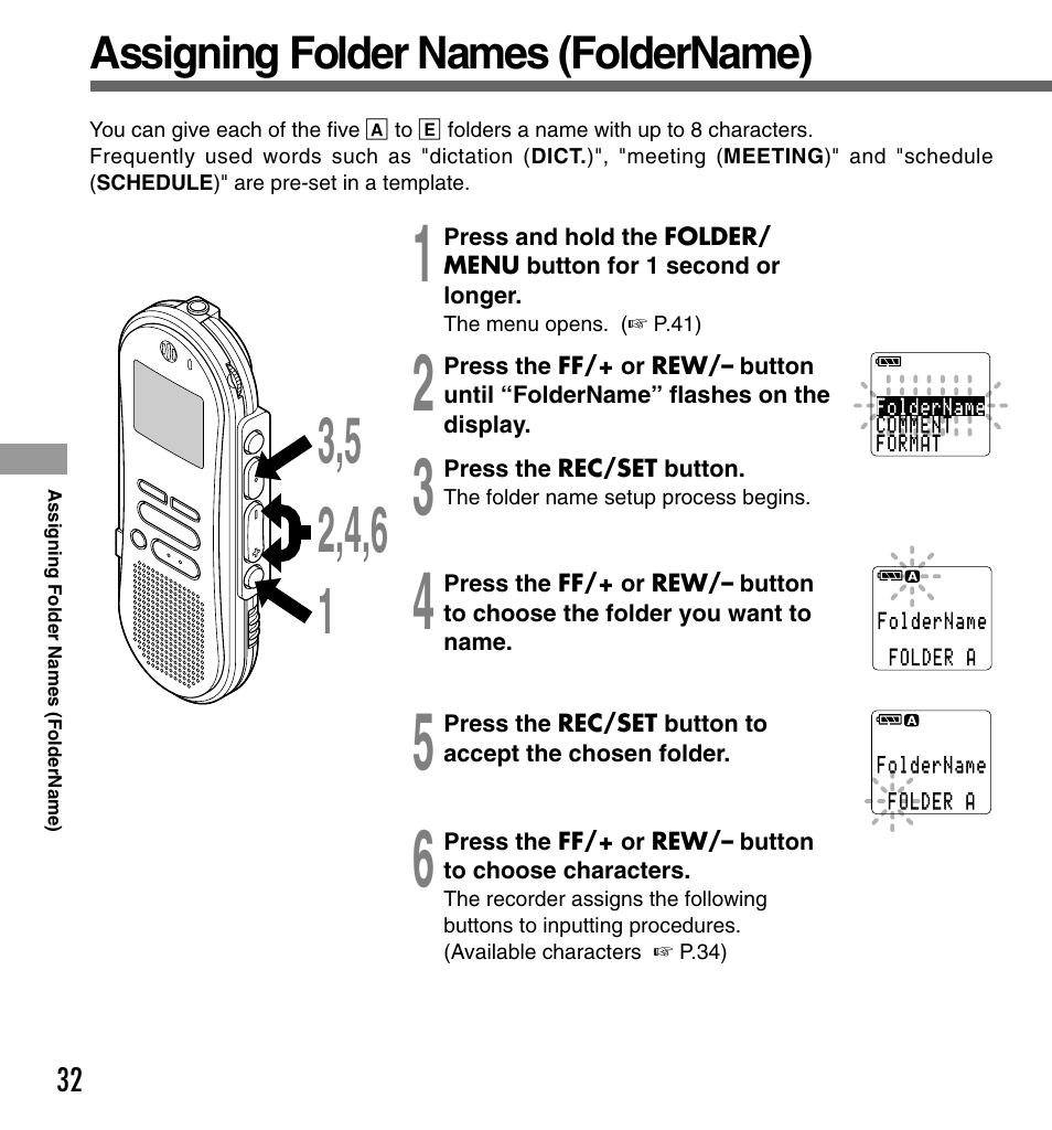 Assigning folder names (foldername) | Olympus DS-330 User Manual | Page 32 / 76