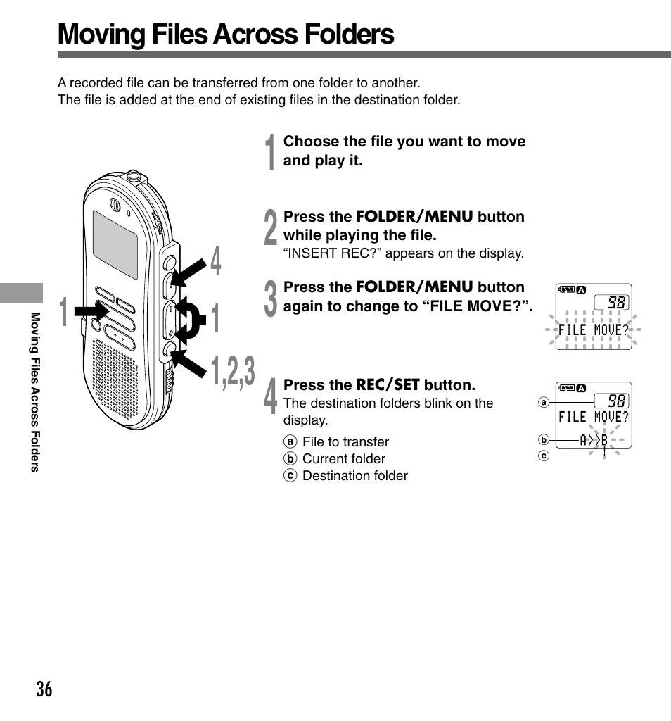 Moving files across folders | Olympus DS-330 User Manual | Page 36 / 76
