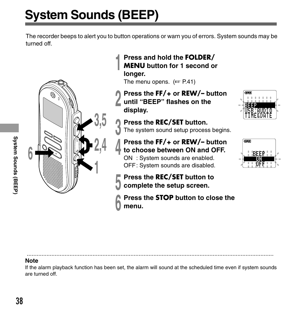 System sounds (beep) | Olympus DS-330 User Manual | Page 38 / 76