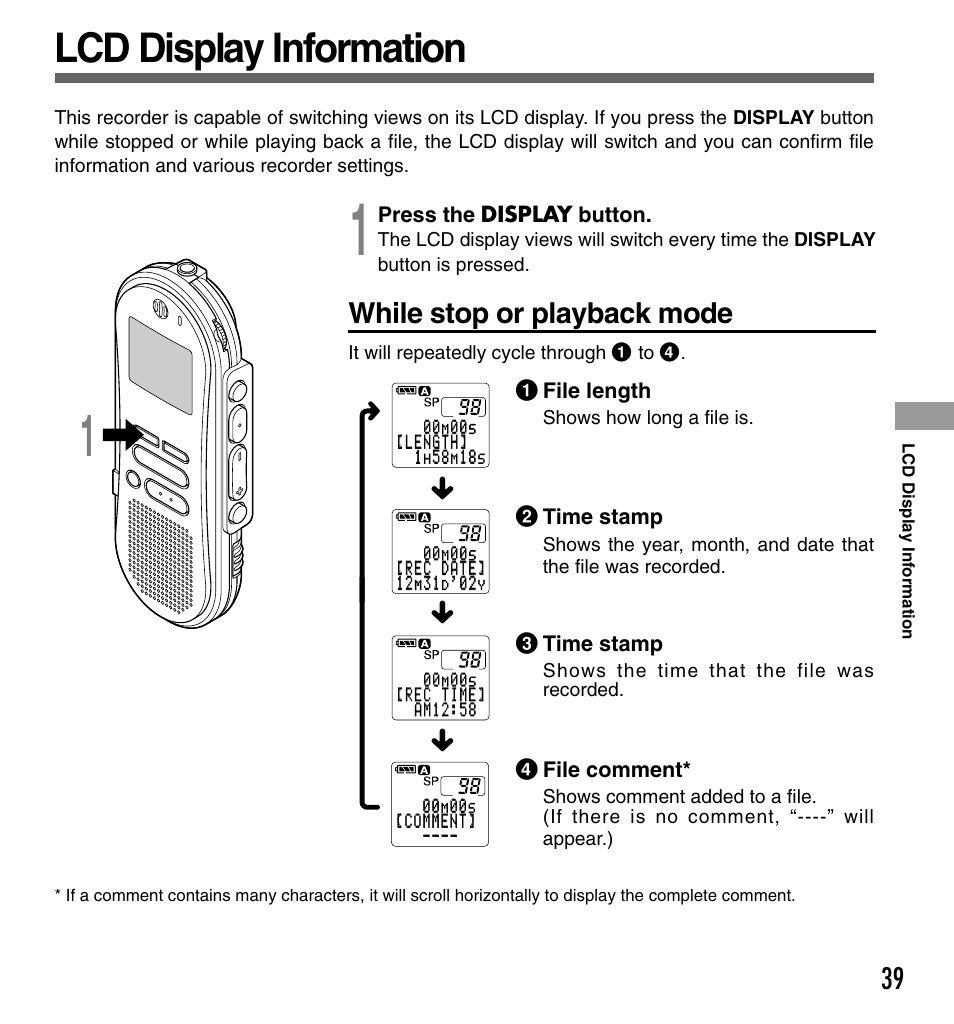 Lcd display information, While stop or playback mode | Olympus DS-330 User Manual | Page 39 / 76