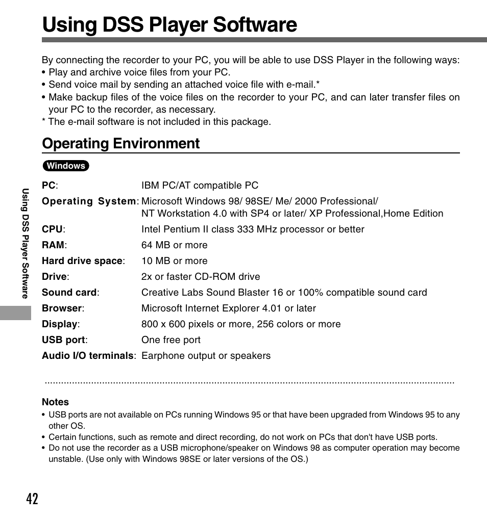 Using dss player software, Operating environment | Olympus DS-330 User Manual | Page 42 / 76