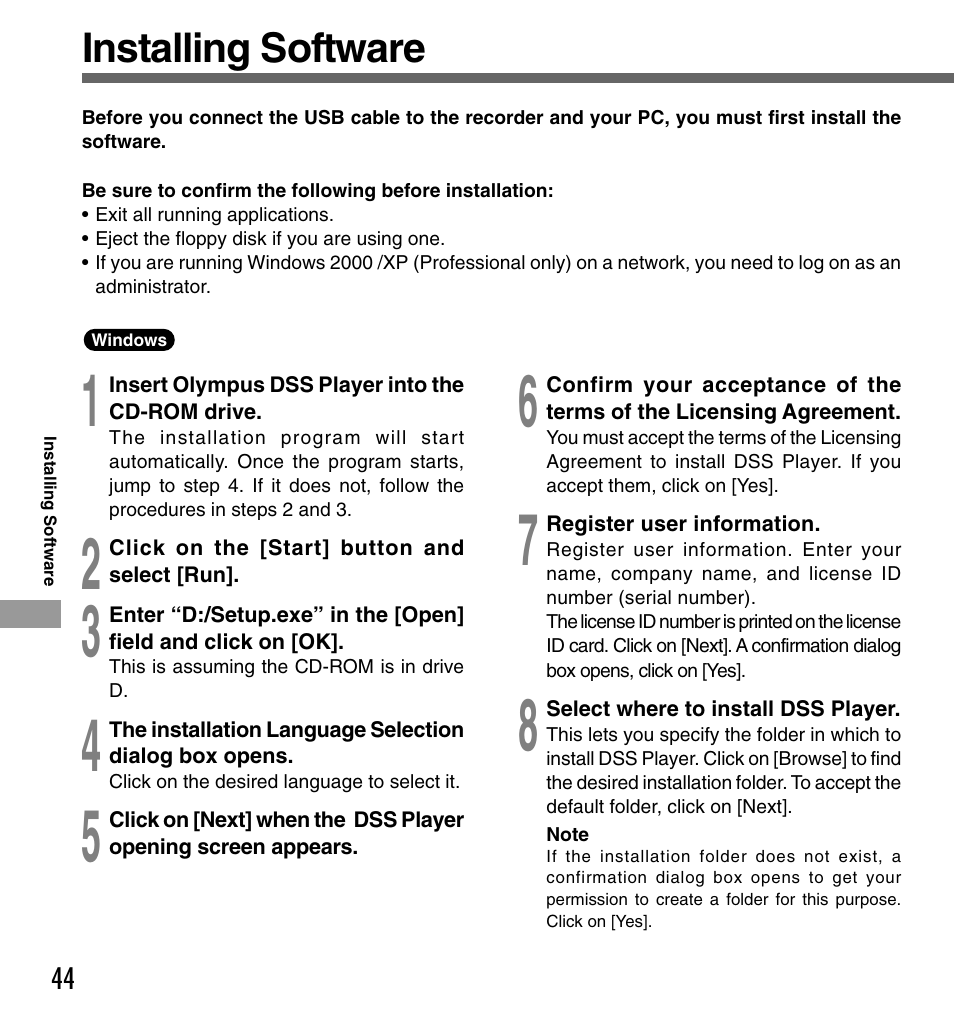 Installing software | Olympus DS-330 User Manual | Page 44 / 76