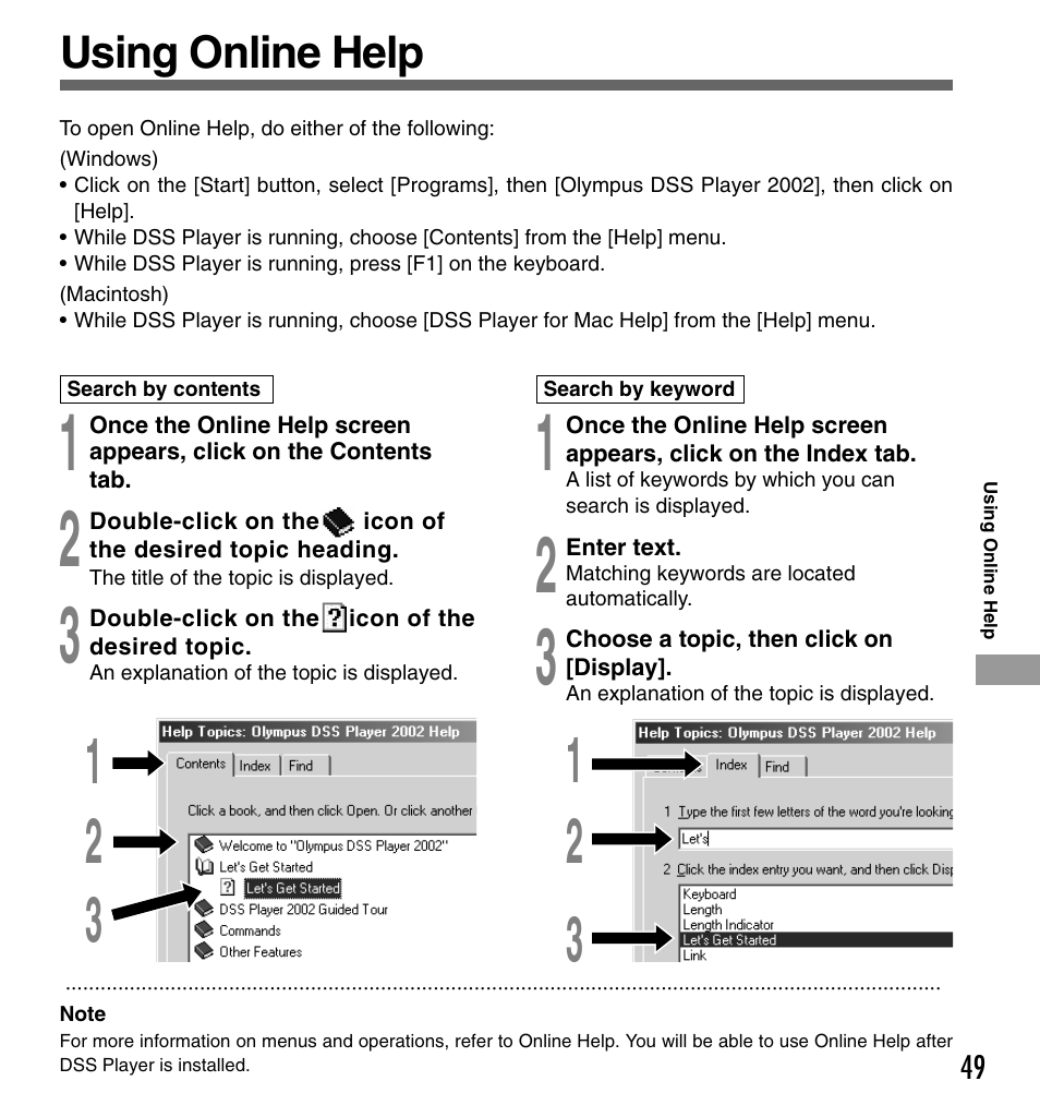 Using online help | Olympus DS-330 User Manual | Page 49 / 76