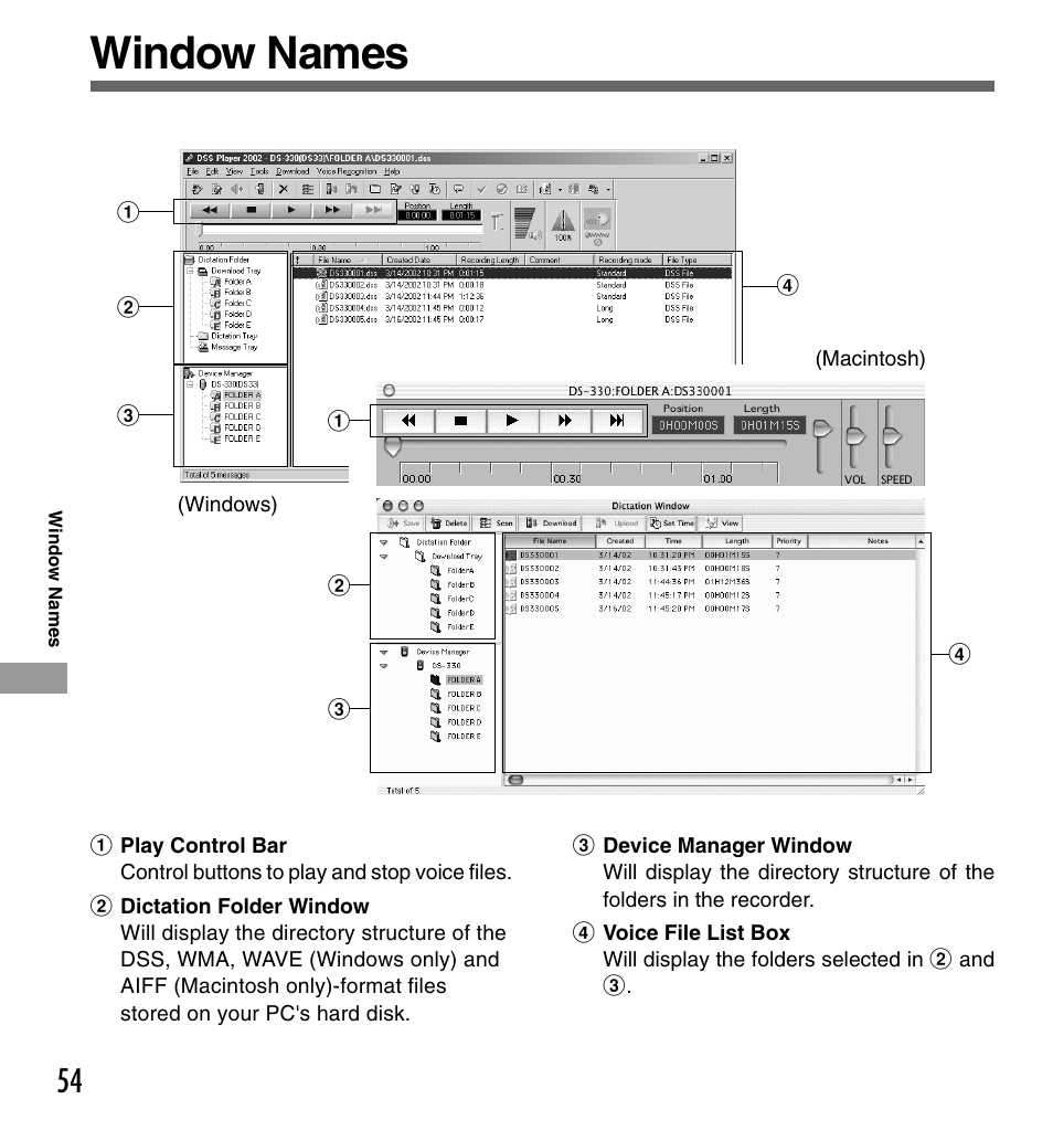 Window names | Olympus DS-330 User Manual | Page 54 / 76