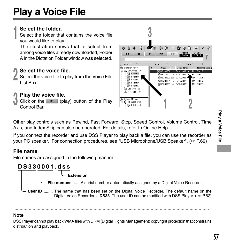 Play a voice file | Olympus DS-330 User Manual | Page 57 / 76